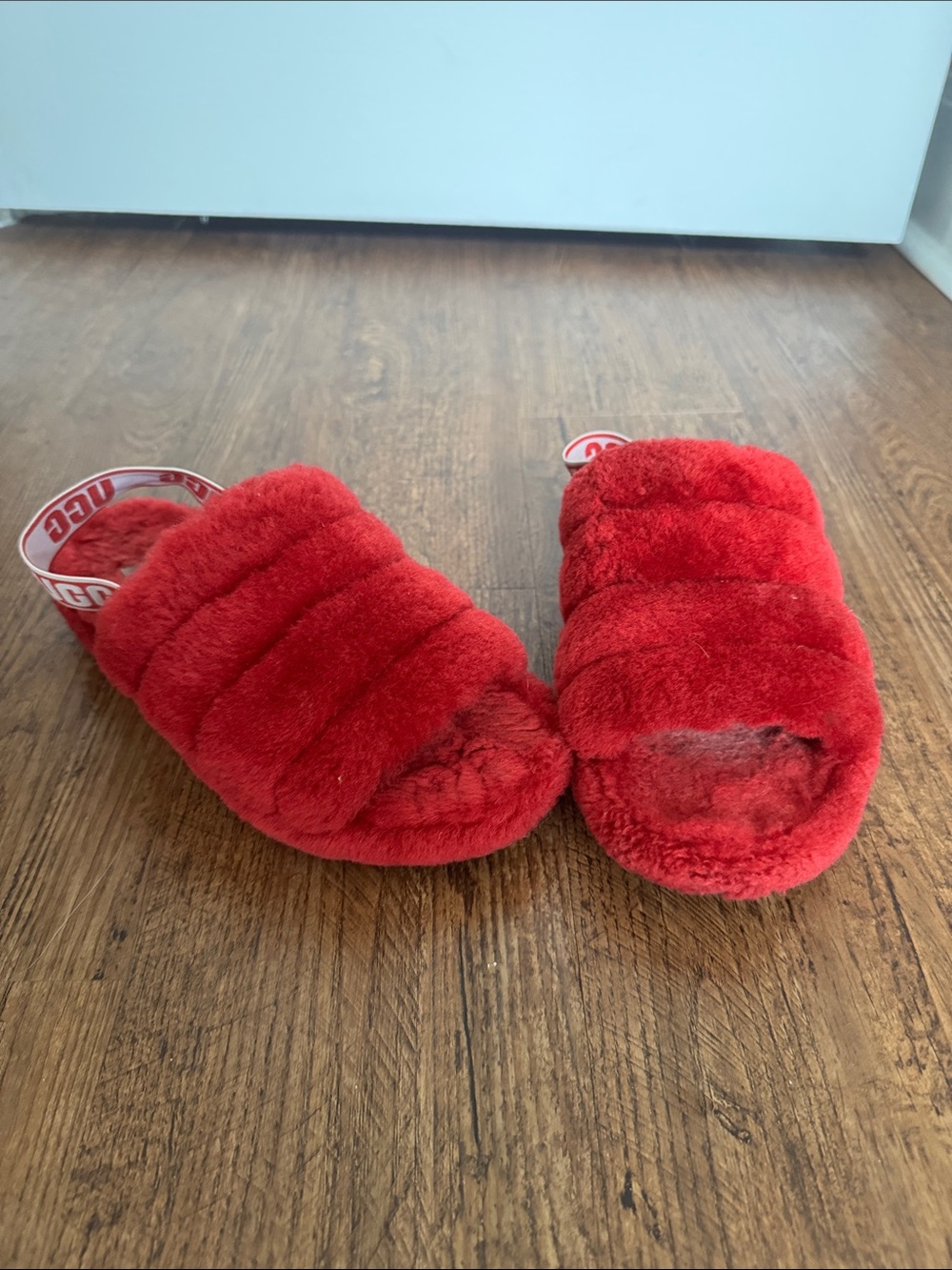 UGG Red Plush Faux-Shearling Slide Sandals with Logo Heel Strap